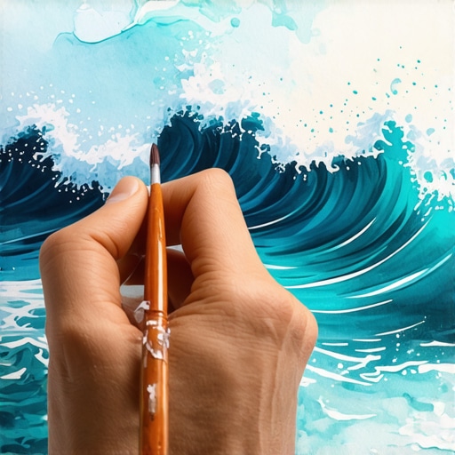 Detaljan prikaz slikanja talasa akvarelom na 300g pamučnom papiru sa teksturom soli