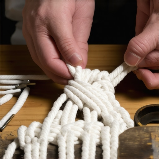 Ruke majstora zatežu debeli pamučni kanap praveći makrame držač za saksije