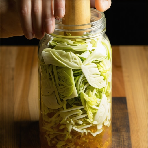 Proces sabijanja kiselog kupusa u staklenoj tegli na drvenom stolu