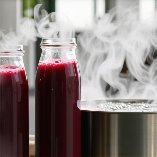 Gusti sok od cvekle u staklenim flašama tokom procesa sterilizacije u loncu