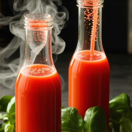 Tradicionalno flaširanje domaćeg soka od paradajza Domaći sok od paradajza u staklenim flašama sa bosiljkom