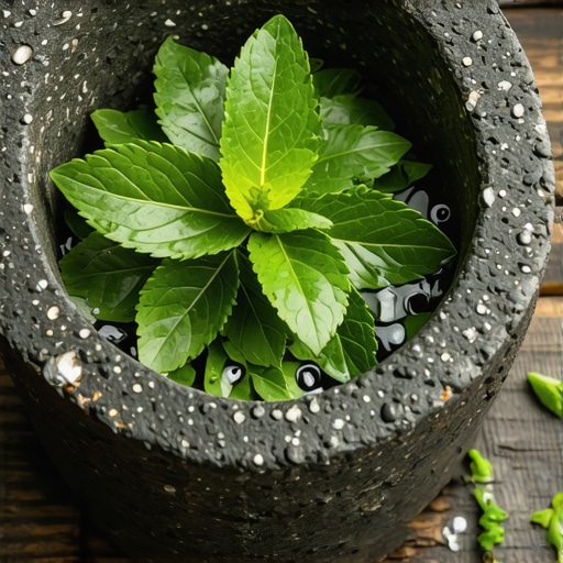 Gnječenje listova nane u kamenom avanu za hladno ceđenje soka