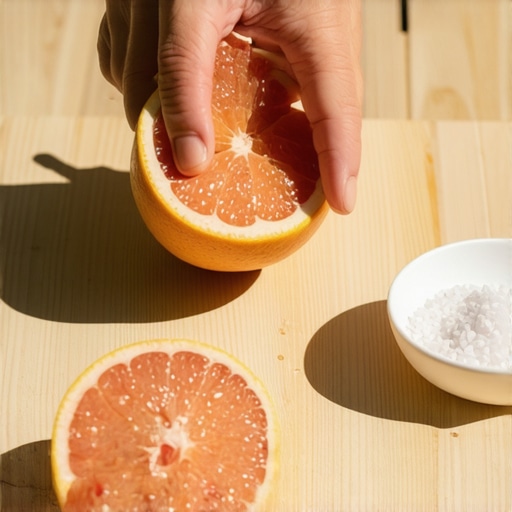 Ručno ceđenje grejpfruta na drvenoj podlozi sa prstohvatom soli u prvom planu.