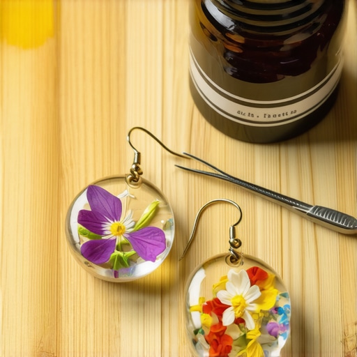 Unikatne naušnice sa cvećem i smolom Ručno rađene naušnice od epoksidne smole sa pravim sušenim cvećem na radnom stolu