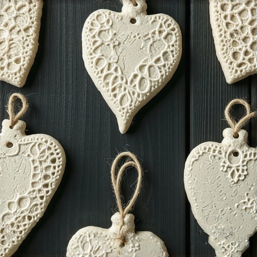 Rustični ukrasi za jelku od slanog testa sa teksturama na radnom stolu