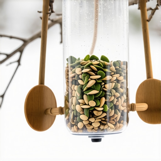 Uradi sam hranilica za ptice od reciklirane plastične flaše Detaljan prikaz ručno napravljene hranilice za ptice od dvolitarske flaše i drvenih kašika u zimskom ambijentu.