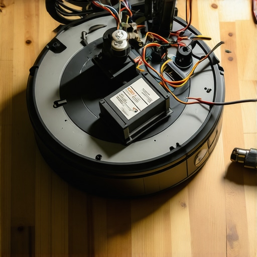 Ručno pravljen robot usisivač sa vidljivim motorima i žicama na radnom stolu