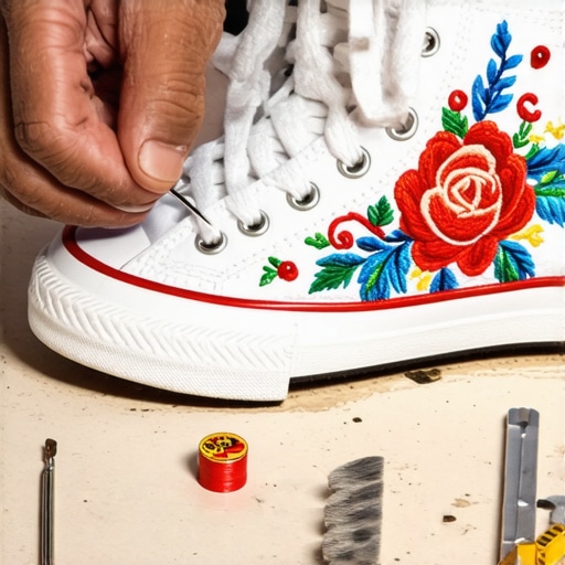 Detaljan prikaz vezenja na platnenim patikama sa iglom i koncem