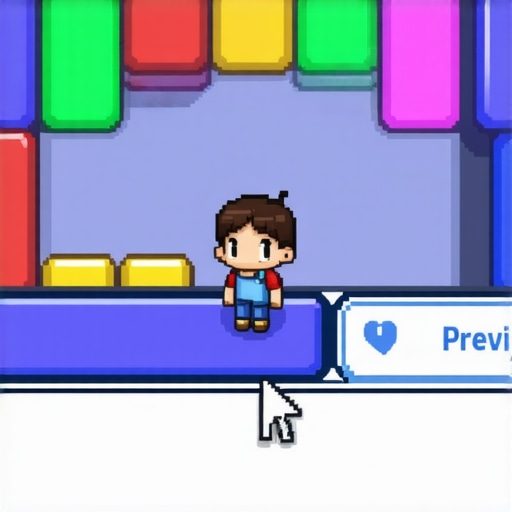 Interfejs no-code engine-a za razvoj browser igara sa logičkim blokovima i karakterom.