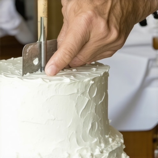 Osoba koristi metalni strugač za dobijanje savršenih ivica na svadbenoj torti