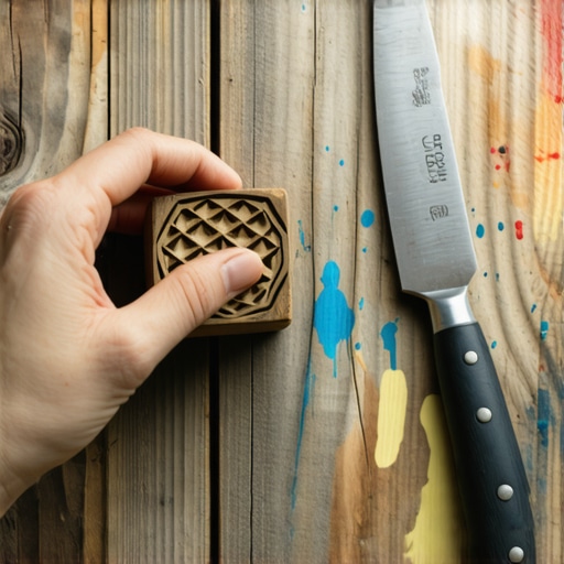 Detaljan prikaz rezbarenja geometrijskog motiva na krompiru za štampu na tkanini.