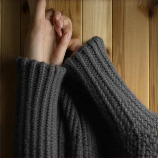 Close-up of hands knitting a grey chunky scarf without needles using arm loops.