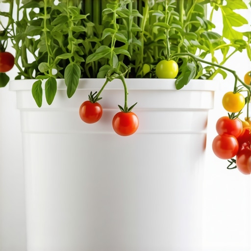 Cherry tomato plant growing in a recycled plastic bucket on a windowsill