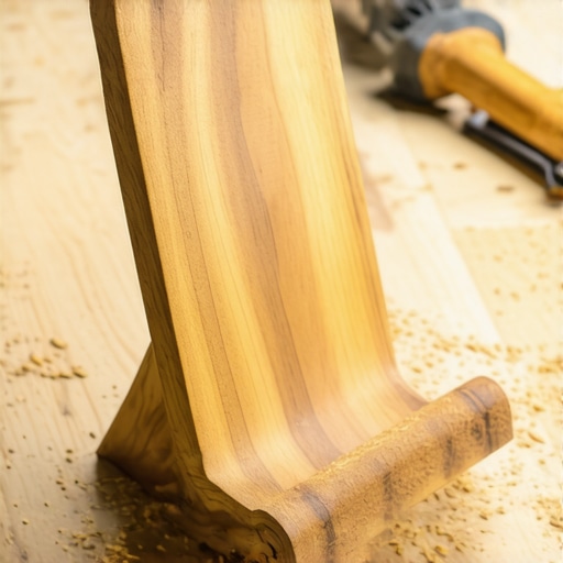 Ručno rađen drveni stalak za mobilni telefon na radnom stolu u radionici