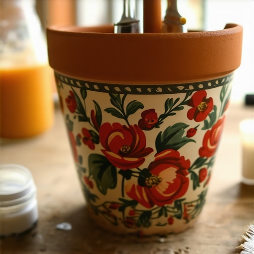 Ukrašena saksija salvetnom tehnikom na drvenom stolu