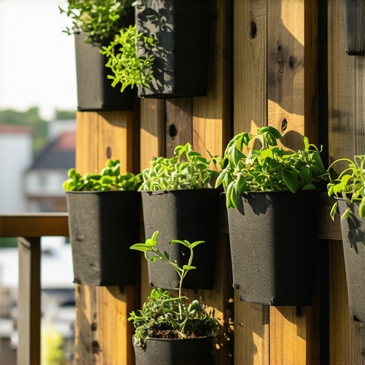 Konstrukcija vertikalne bašte od drvenih paleta sa zasađenim začinskim biljem na balkonu