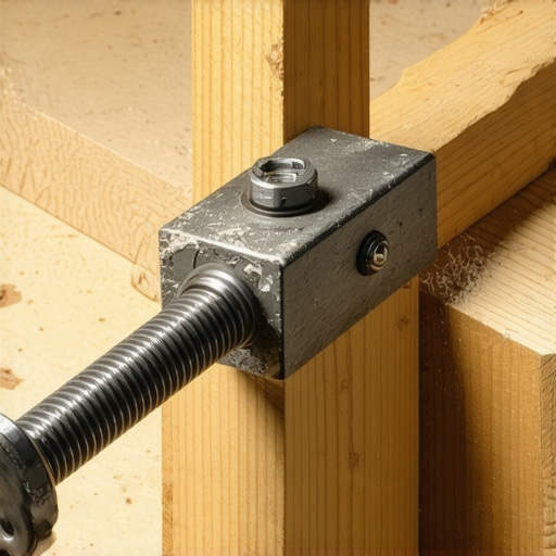 Detaljan prikaz ručno rađene drvene stege od ostataka letvi sa navojnom šipkom