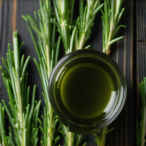 Staklena tegla sa uljem od ruzmarina na drvenom stolu