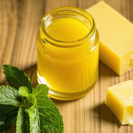 Staklena teglica sa domaćim melemom od voska i eteričnih ulja na drvenoj podlozi