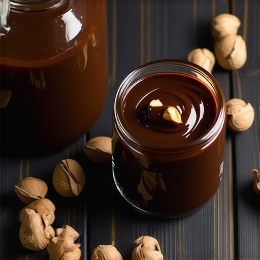 Kremasti domaći namaz od lješnjaka i kakaa u staklenoj tegli na drvenom stolu