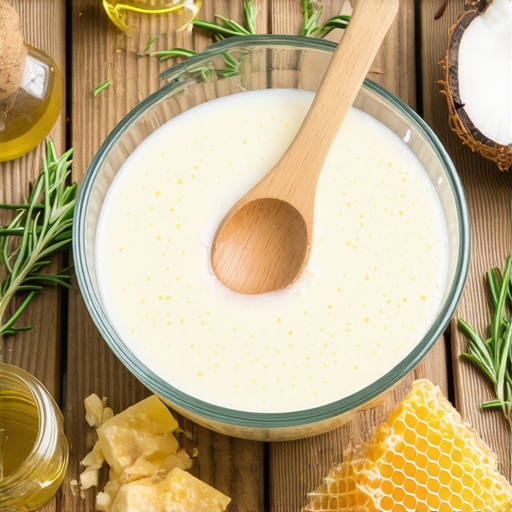 Gusta tekstura domaćeg regeneratora za kosu u staklenoj posudi sa prirodnim sastojcima