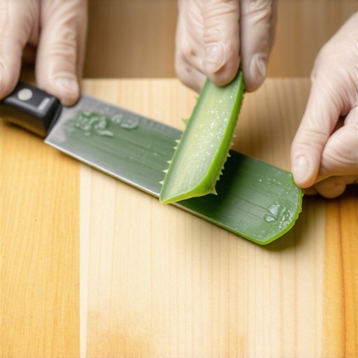 Ekstrakcija svežeg gela iz aloe vere Prikaz postupka sečenja lista aloe vere i vađenja providnog gela nožem na drvenoj dasci