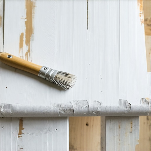 Detalj nanošenja bele kreda boje na drveni sto četkom