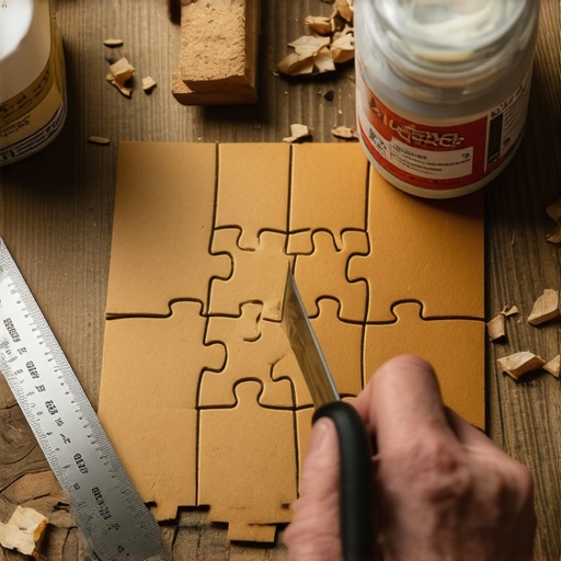 Izrada slagalice od kartona u kućnoj radionici Skalpel i metalni lenjir seku precizne delove slagalice od recikliranog kartona na drvenom stolu