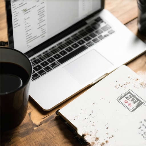 Laptop sa online prezentacijom na drvenom stolu sa kafom i beležnicom