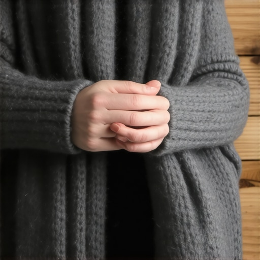 Krupni plan ruku koje pletu šal od debele merino vune bez igala