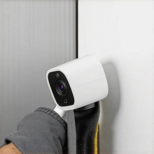 Ruka nanosi industrijsku lepljivu traku na poleđinu bežične kamere za montažu bez bušenja