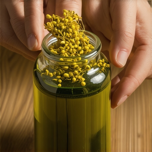 Ruke koje stavljaju cvetove kantariona u teglu sa uljem