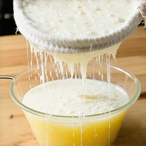 Domaci sir od kefira se cedi kroz gazu u staklenu posudu na drvenom stolu