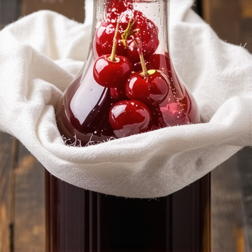 Hladna ekstrakcija soka od višnje kroz gazu u staklenu flašu
