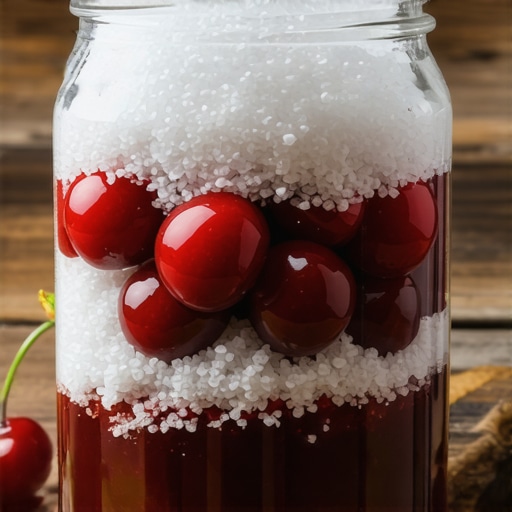 Višnje u tegli prekrivene šećerom za domaći sok bez kuvanja