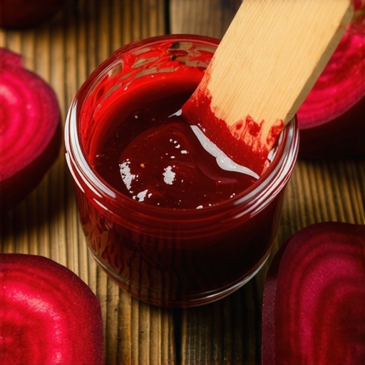 Gusti koncentrat cvekle za domaći ruž u staklenoj posudi na drvenom stolu