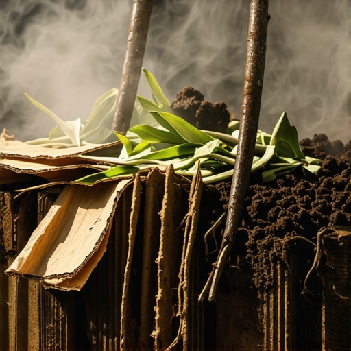 Krupni plan prevrtanja komposta sa vidljivim slojevima otpada i vlagom