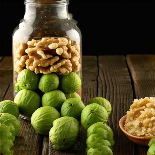 Zeleni orasi i šećer u tegli za pripremu orahovca bez gorčine