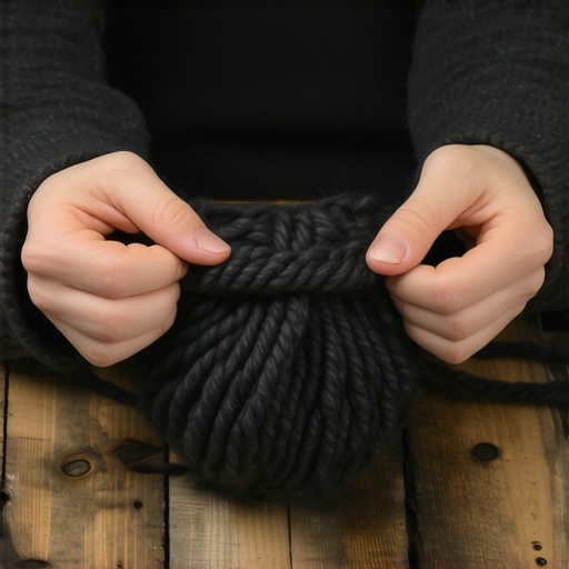 Krupni plan ruku koje pletu debeli sivi šal koristeći samo prste i podlaktice na drvenom stolu.