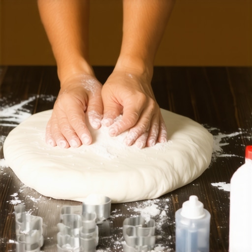 Ruke koje mese slano testo sa solju i lepkom na drvenom stolu