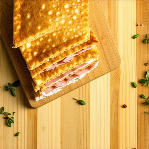 Slana torta od palačinki sa šunkom i sirom izbliza na drvenoj podlozi