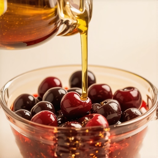 Sveže višnje u staklenoj posudi sa medom za pripremu domaćeg soka