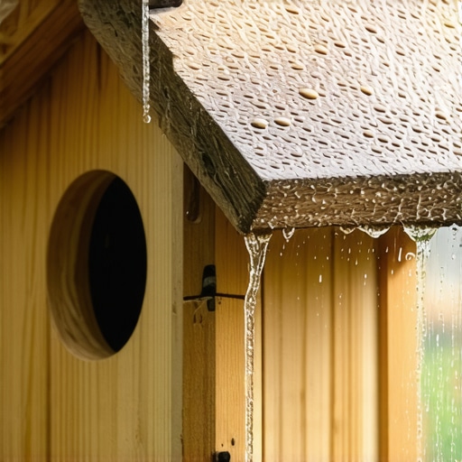 Detaljan prikaz drvene hranilice koja odbija vodu tokom kiše