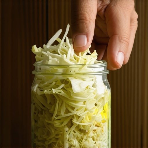 Ručno sabijanje kupusa u staklenu teglu radi fermentacije