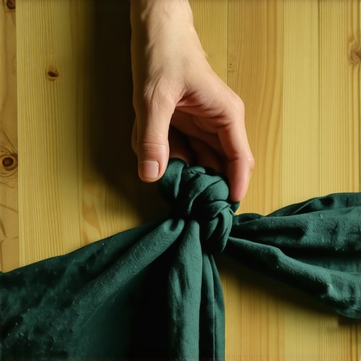 Detaljan prikaz vezivanja japanskog Furoshiki čvora na zelenoj tkanini na drvenom stolu