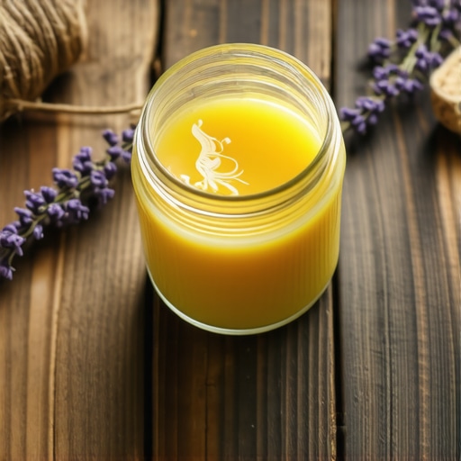 Ručno dekorisana staklena tegla na drvenom stolu sa domaćim sapunom